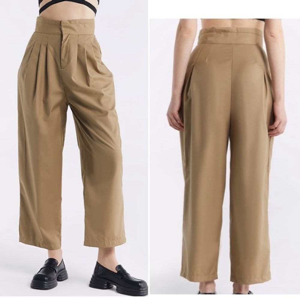 LATTELIER Khaki Pleated Cropped Wide Leg Pants-S